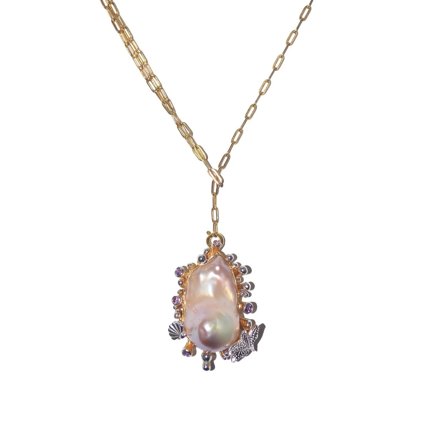Marine Drop Necklace – Purple & Golden Pink Baroque Pearls with